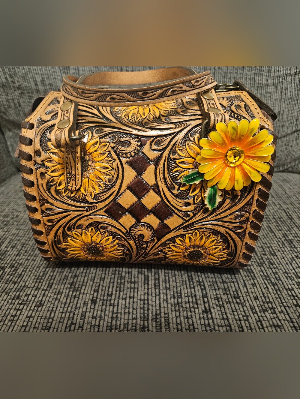 Hand-Tooled Sunflower Leather Satchel - Yellow & Tan | Sunflower Speedy